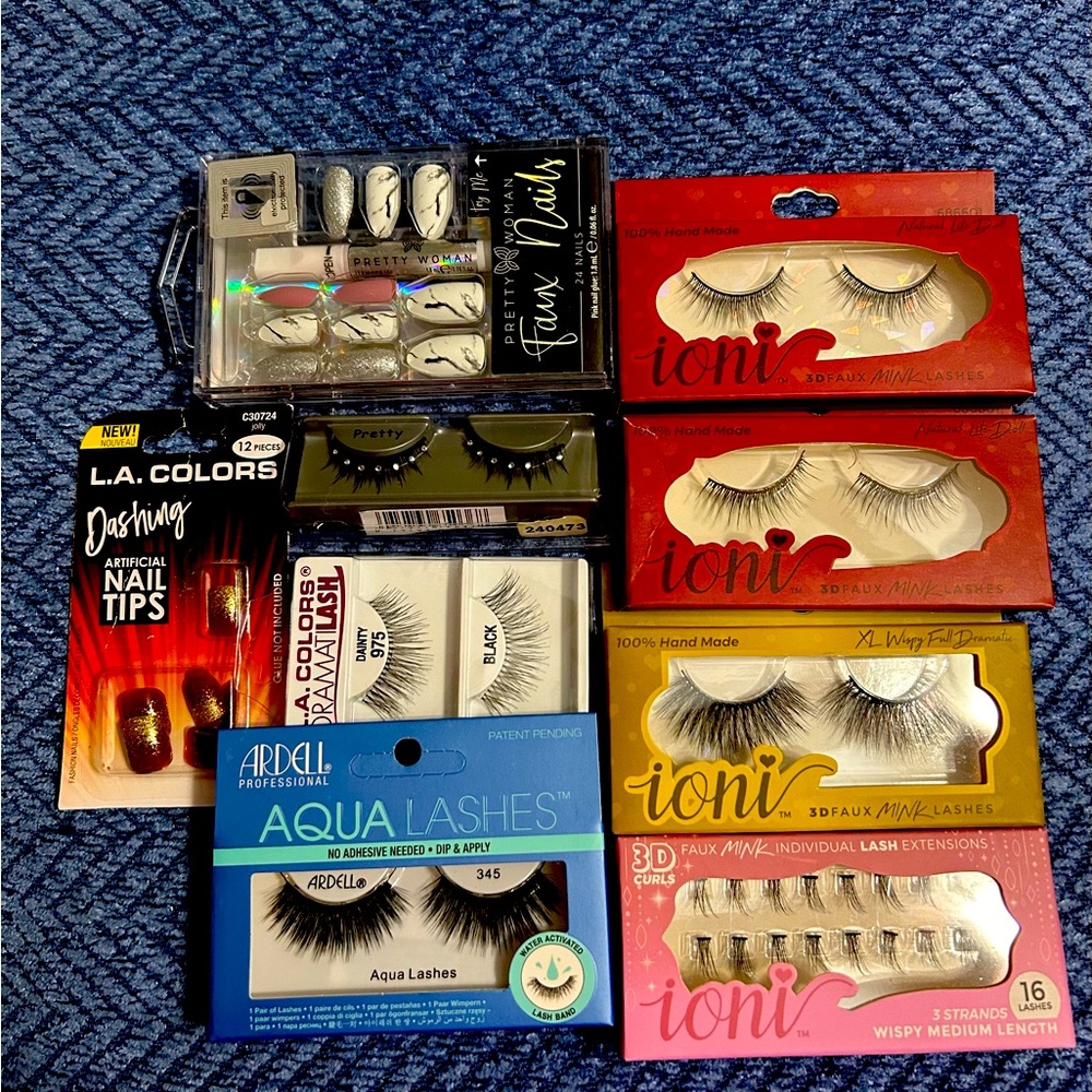 Ardell, Ioni, L.A. Color Lashes and nail combo. Bundle includes 9 items.